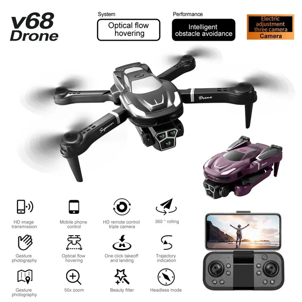 V68 MAX Drone 4K Electric Adjustable Three Camera Aerial Photography Optical flow Bbstacle Avoidance Four Axis Brushless Dron
